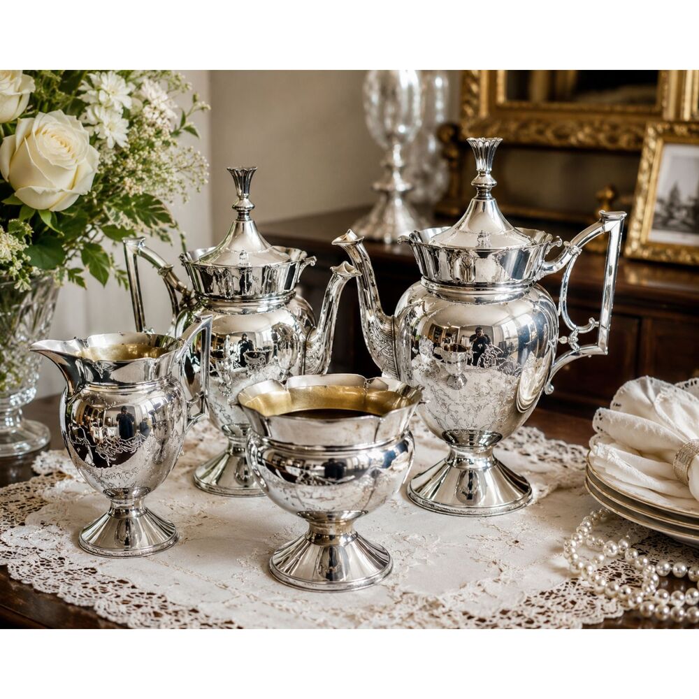 VTG Meriden Silverplate Tea Coffee Set Pattern 1883 Bird Engraved Victorian 4 Pc